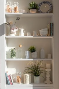 bowls and bottles in white wooden 4-layer shelf